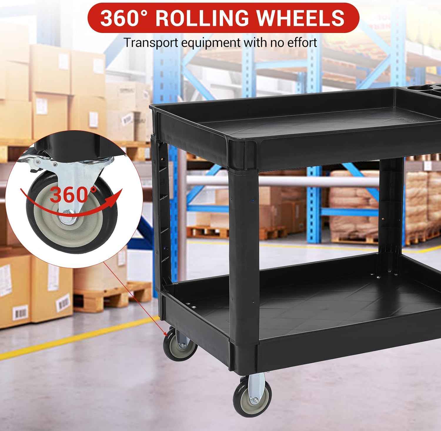 Utility Service Cart with Wheels and Two Trays, Service Cart 2-Shelf 500lbs, Rolling Utility Cart for Warehouse/Garage/Cleaning/Manufacturing, 2 Tier Heavy Duty Uline Tool Cart, 45"X25", Black
