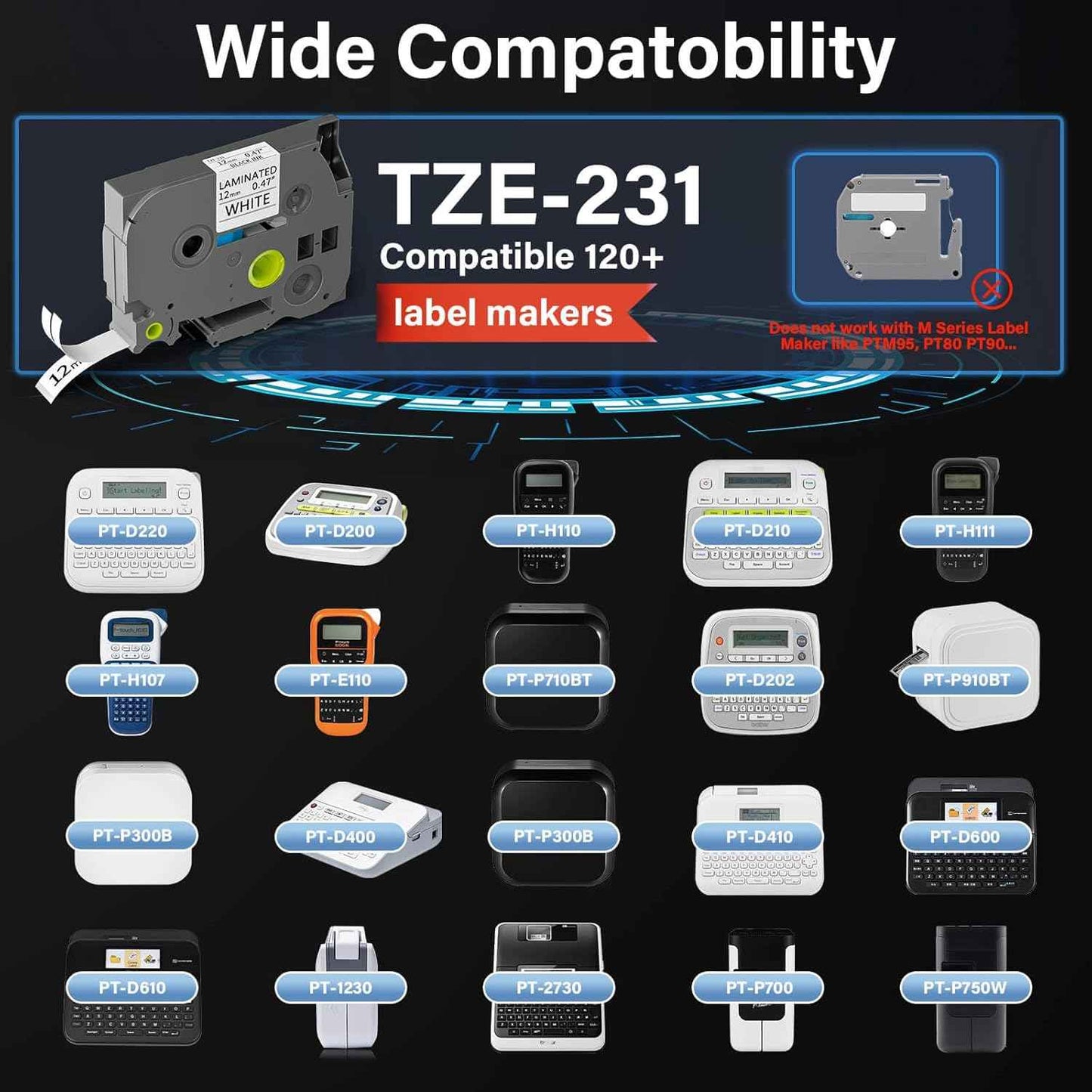TZE-231 Label Maker Tape 12mm 0.47 Laminated Black on White 1/2" x 8m Replacement for Ptouch TZ TZE TZE231 Label Tape Cassette for PT-D220 PTD220 D220 PT-D210 PTD210 PT-H110 PT-D200 PT-D410 (7 Packs)
