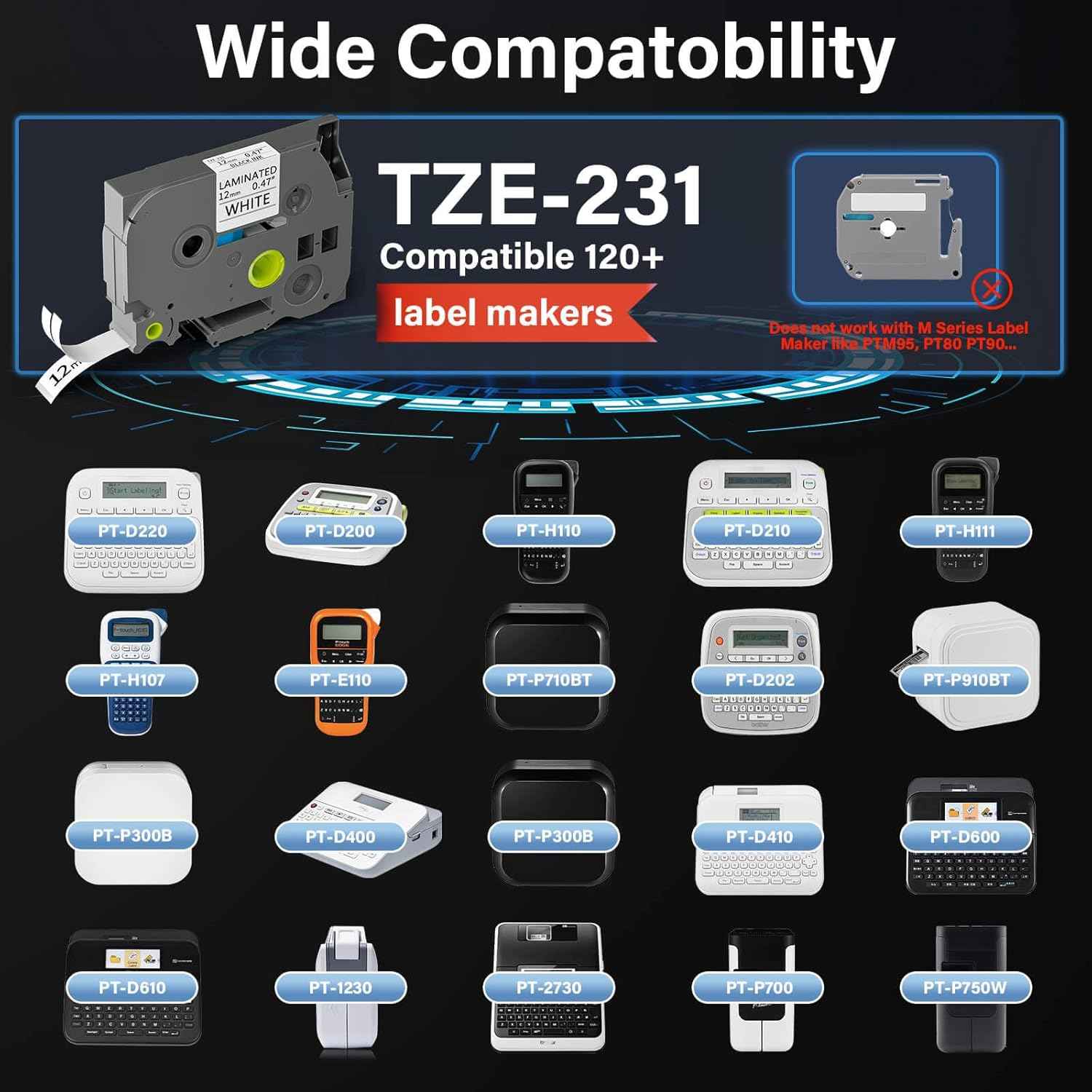 TZE-231 Label Maker Tape 12mm 0.47 Laminated Black on White 1/2" x 8m Replacement for Ptouch TZ TZE TZE231 Label Tape Cassette for PT-D220 PTD220 D220 PT-D210 PTD210 PT-H110 PT-D200 PT-D410 (7 Packs)