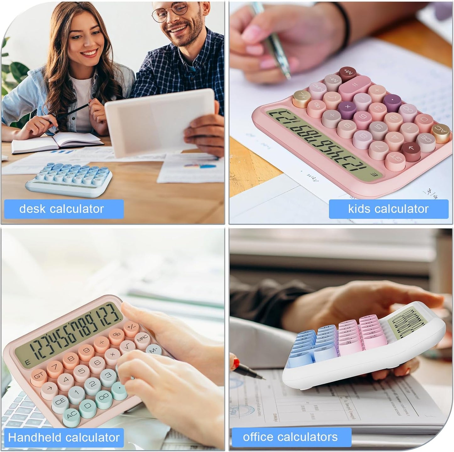 Mechanical Calculator 12 Digit Extra Large 5-Inch LCD Display, DECKLIT Battery Desk Calculator, Big Buttons Easy to Press Office Calculators Desktop, 15°Tilt Screen for Kids Calculator(Green&Pink)