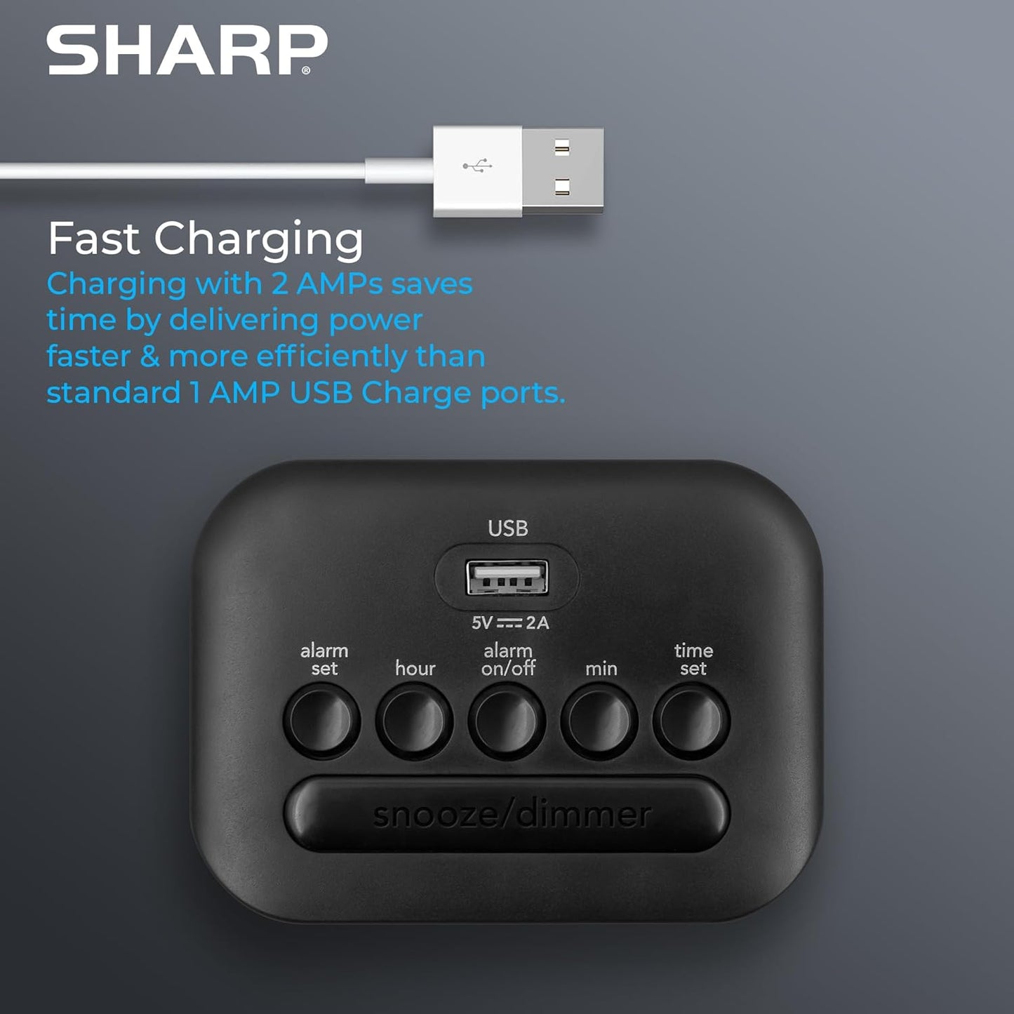 Sharp Digital Alarm Clock with USB 2 AMP Fast Charge Port & White LED Display