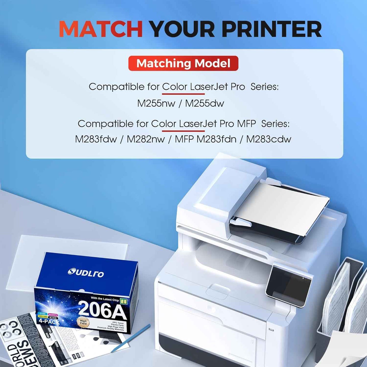 206A Toner Replacement for HP 206A Toner Cartridges 4 Pack - 206X Toner Compatible with HP Color Laserjet MFP M283fdw Toner Cartridges M283cdw M283fdn M282nw , Pro M255dw M283 Printer Ink W2110A 206A