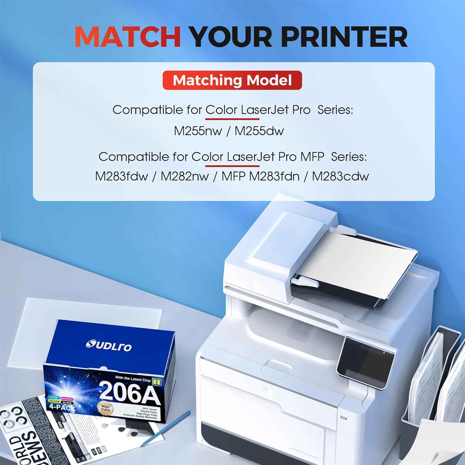 206A Toner Replacement for HP 206A Toner Cartridges 4 Pack - 206X Toner Compatible with HP Color Laserjet MFP M283fdw Toner Cartridges M283cdw M283fdn M282nw , Pro M255dw M283 Printer Ink W2110A 206A