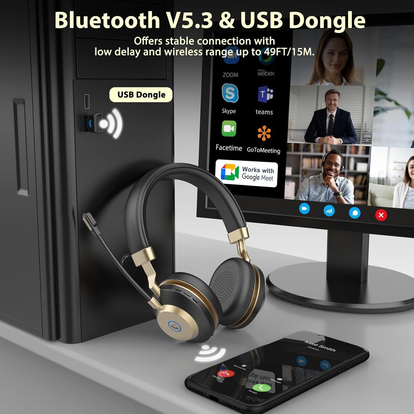 Wireless Headset with Mic for Work, Bluetooth V5.3 Headset with Mic (Noise Cancelling & Mute), Wireless Headphones with USB Dongle for 45H Work from Home/Office/PC/Call Center/Laptop/Teams/Zoom