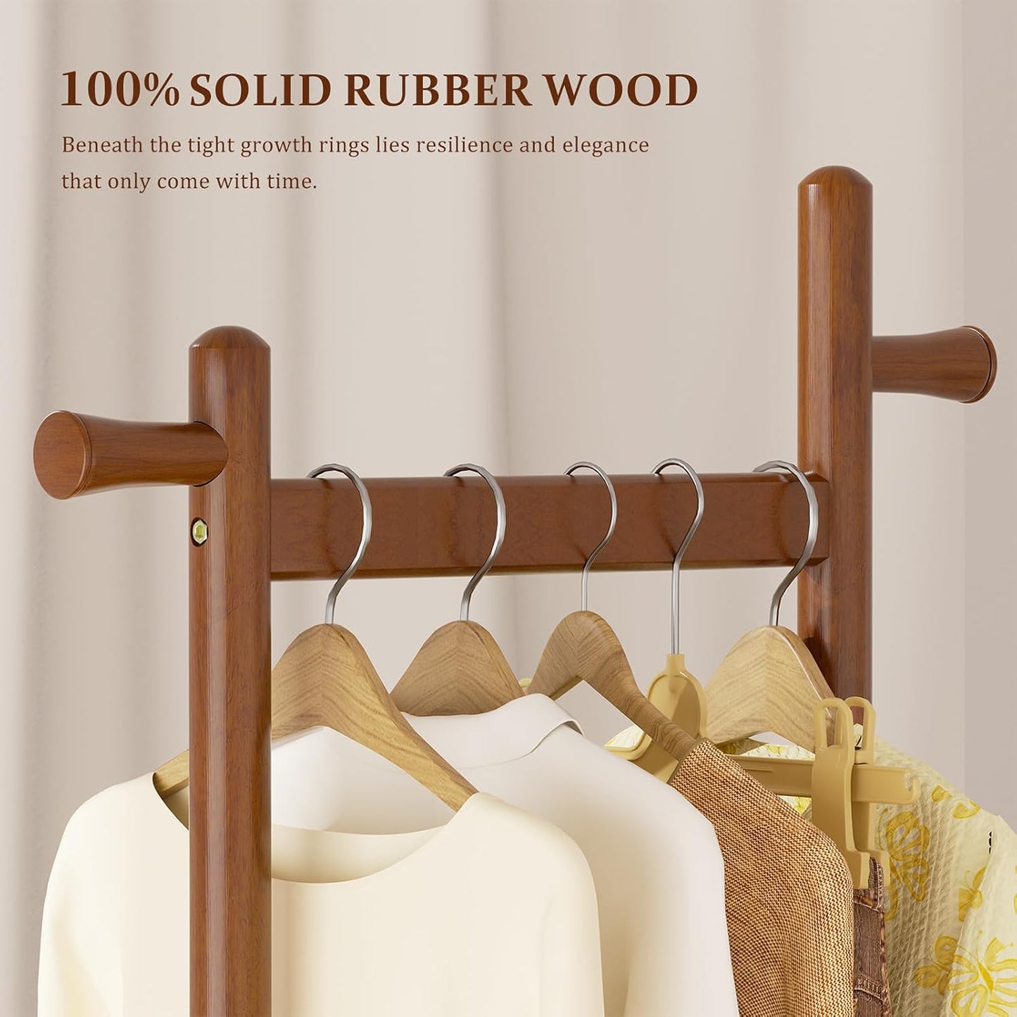 Coat Rack Freestanding Clothing Rack with Wheels & 2 Shelves Storage & 5 Hooks Heavy Duty Clothes Rack Wood Coat Tree Stand Hat Hanger Rack for Corner Bedroom Entryway Living Room Hotel
