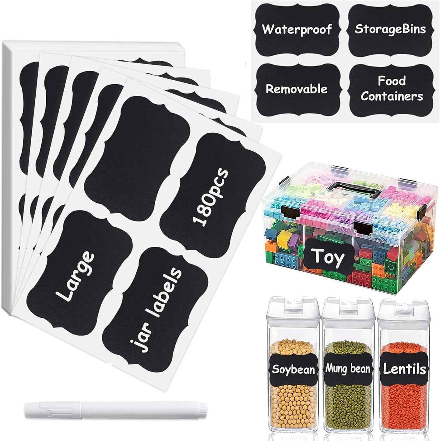 180PCS Chalkboard Labels-3.4" x 2.1" Large Size Reusable Blackboard Stickers with 1 Liquid Chalk Markers for Mason Jars, Storage Bins,Craft Rooms,Food Containers and Pantry Storage