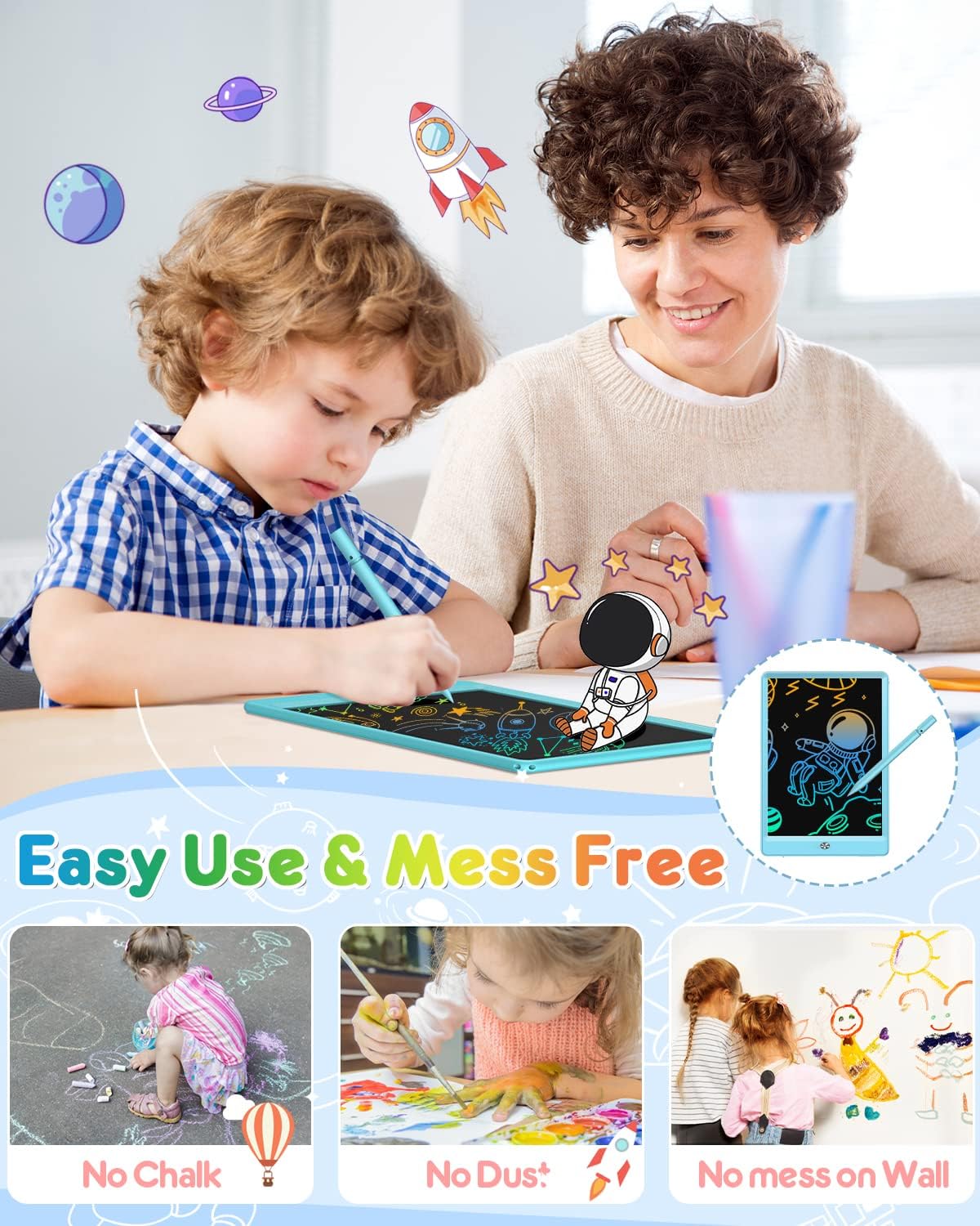 FLUESTON LCD Writing Tablet, Doodle Board Toys Gifts for 3-8 Year Old Girls Boys, 10 Inch Colorful Electronic Board Drawing Pad for Kids, Gifts for Toddler Educational Learning Travel Birthday, Blue