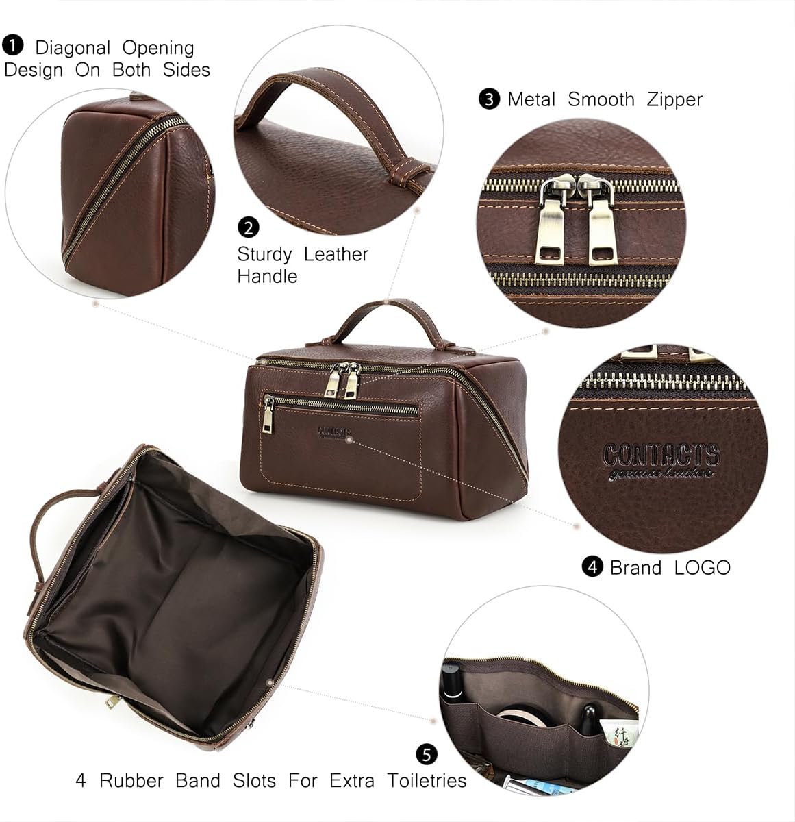 CONTACTS Full Grain Leather Travel Toiletry Bag for Men Large Wash Bag with Handle Bathroom Shaving Dopp Kit Toiletries Organizer Vintage Cosmetic Bag
