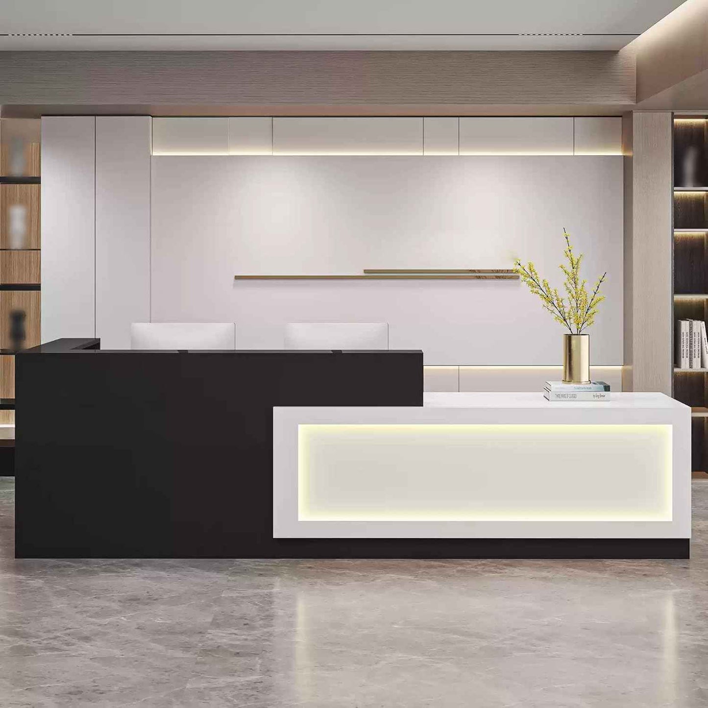Modern Reception Desk with Counter & Lockable Drawer, Front Desk Reception Counter for Office Retail Store Salon Beauty Shop, Receptionist Wood Checkout Counter Table (White Black - Right, L 70in)
