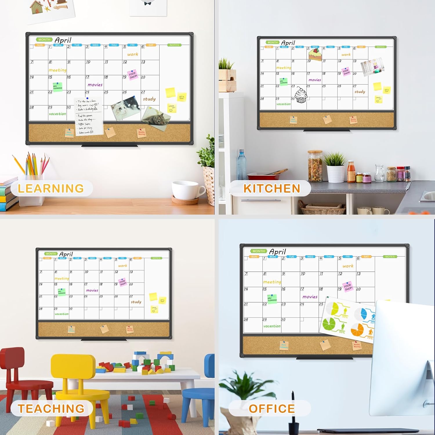 JILoffice Magnetic Calendar Whiteboard & Bulletin Corkboard Combination, Combo Board 36 x 24 Inch, Black Aluminum Frame Wall Mounted Board for Office Home and School with 10 Push Pins - Lumora Desk