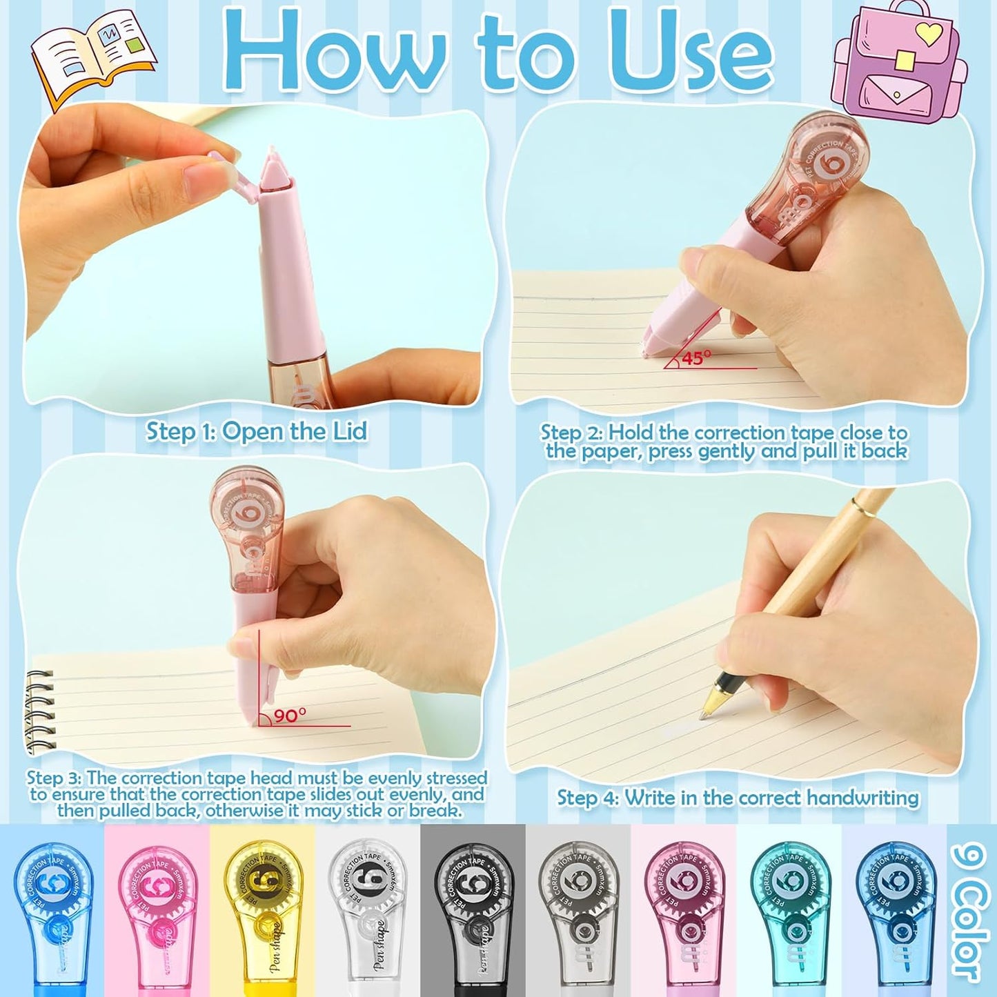 18 Pack Correction Tape Pens 1/5" X 236", 9 Color Correction Tape Pens Easy to Use Applicator for Instant Correction Students School Office Supplies