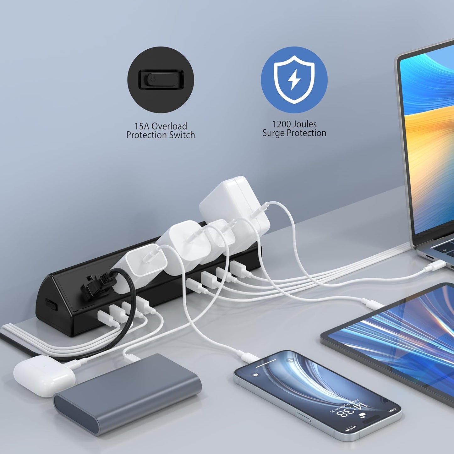 45W Fast Charging Station,Desk Clamp Power Strip,4 PD USB-C Ports,5 AC Outlets,Surge Protector Power Strip, 14AWG Heavy Duty Cord, Fits 1.9" Tabletop Edge (Black, 15 FT Cable)