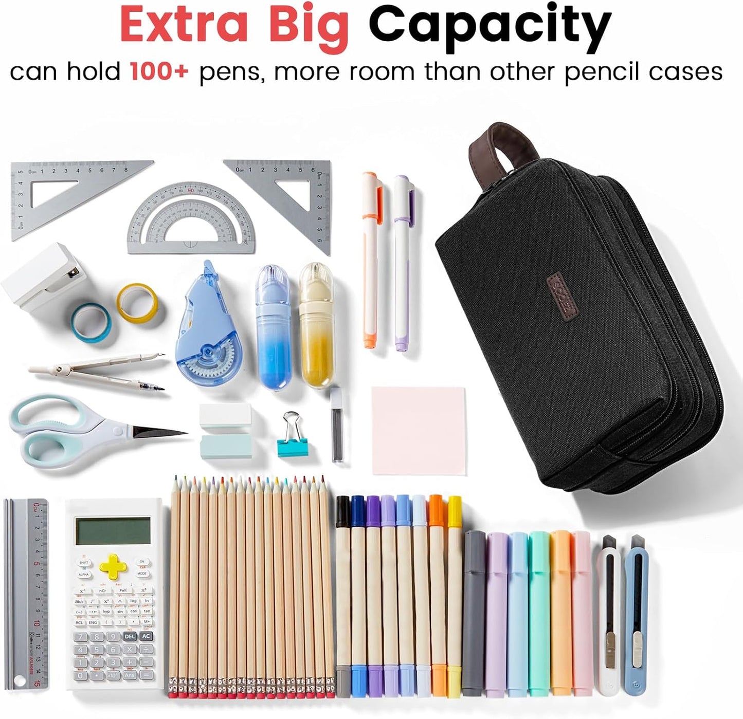 Sooez Large Pencil Case Pouch, Extra Big Pencil Pouch Pencil Bag with PU Handle & Zipper, Sturdy Pen Case with 3 Compartments, Aesthetic School College Supplies Organizer for Men Women Boys, Green
