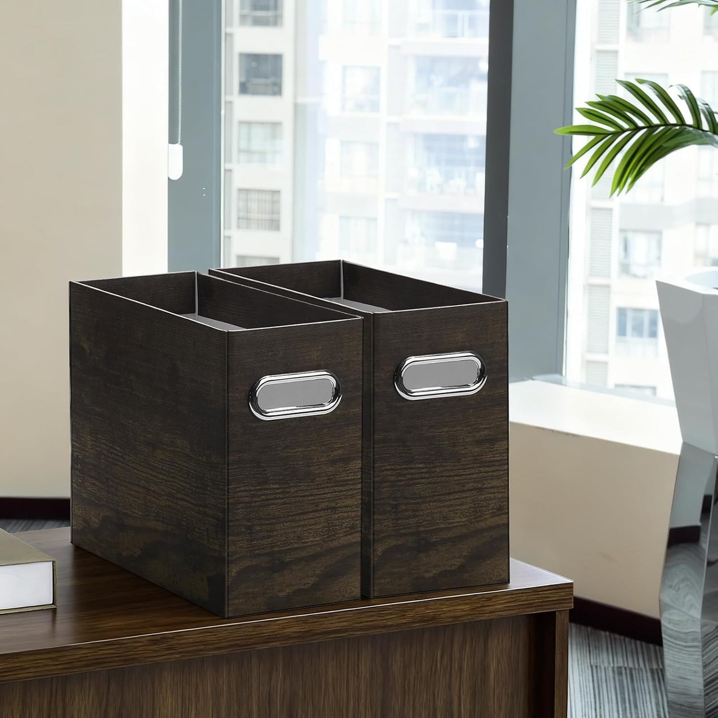 Oterri File Organizer - Small Cardboard Storage Box, Collapsible and Portable With Handle for Letter Size Files, Hanging Folder Box (Brown Wood Grain Print, Letter Size - 2 Packs)