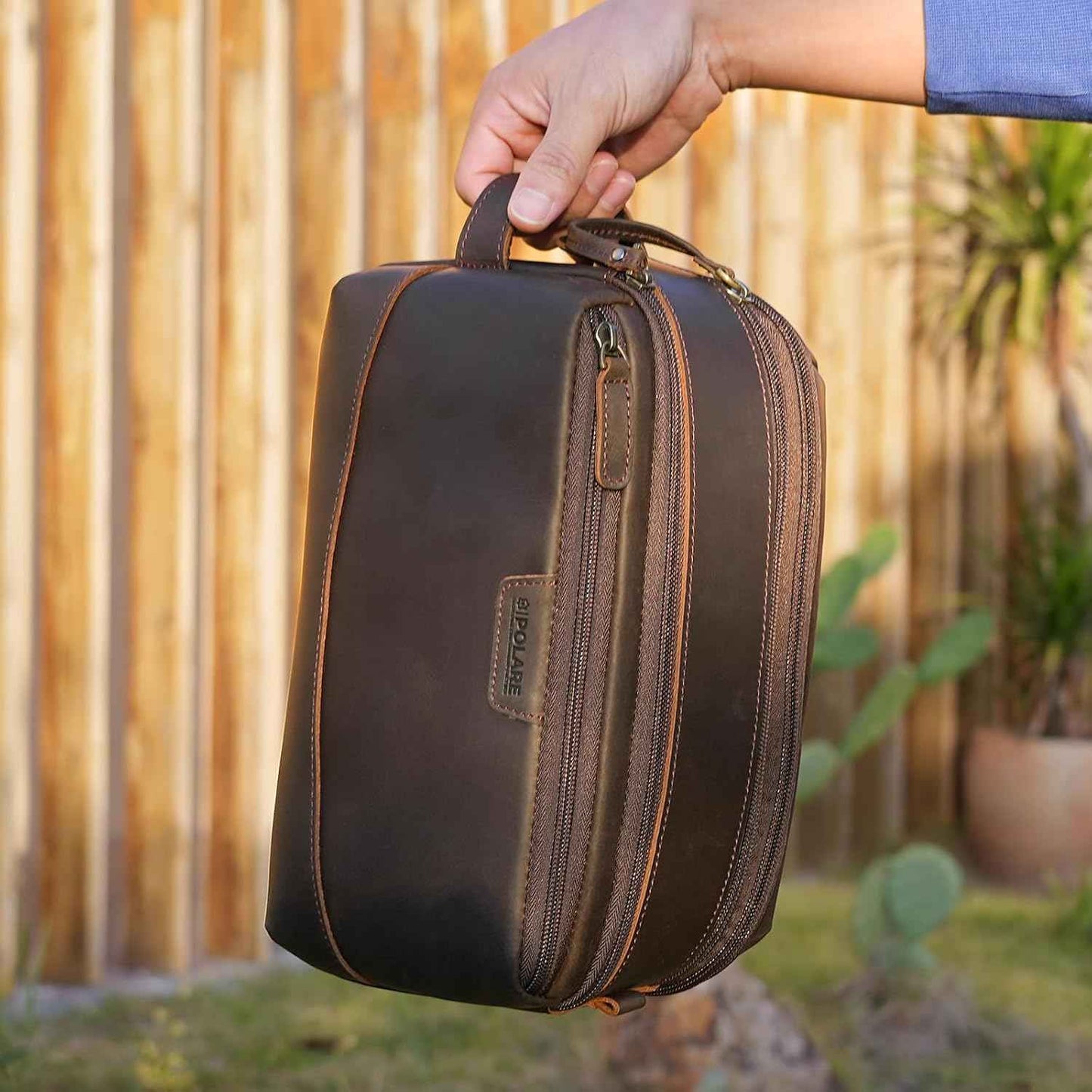 Polare Full Grain Leather Toiletry Bag for Men Large Travel Cosmetic Case Dopp Kit Shaving Kit Wash Pouch with YKK Zippers