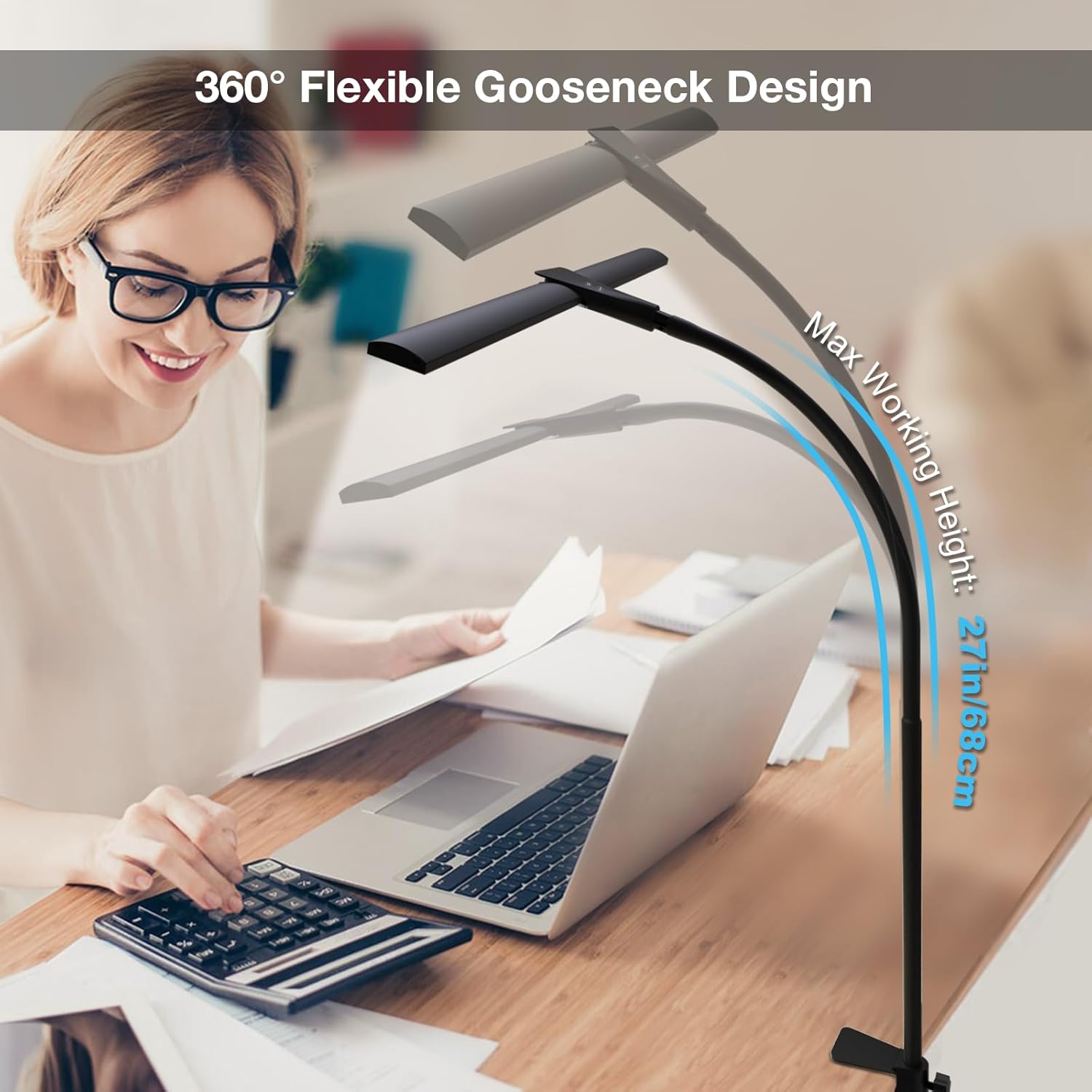 LED Desk Lamp for Home Office, Bright Double Head Desk Lamp with Clamp, Dimmable 5 Color Modes Desk Lighting, 12W Eye-Caring Architect Table Lamp for Workbench, Monitor, Reading, Study, 1400lm - Lumora Desk