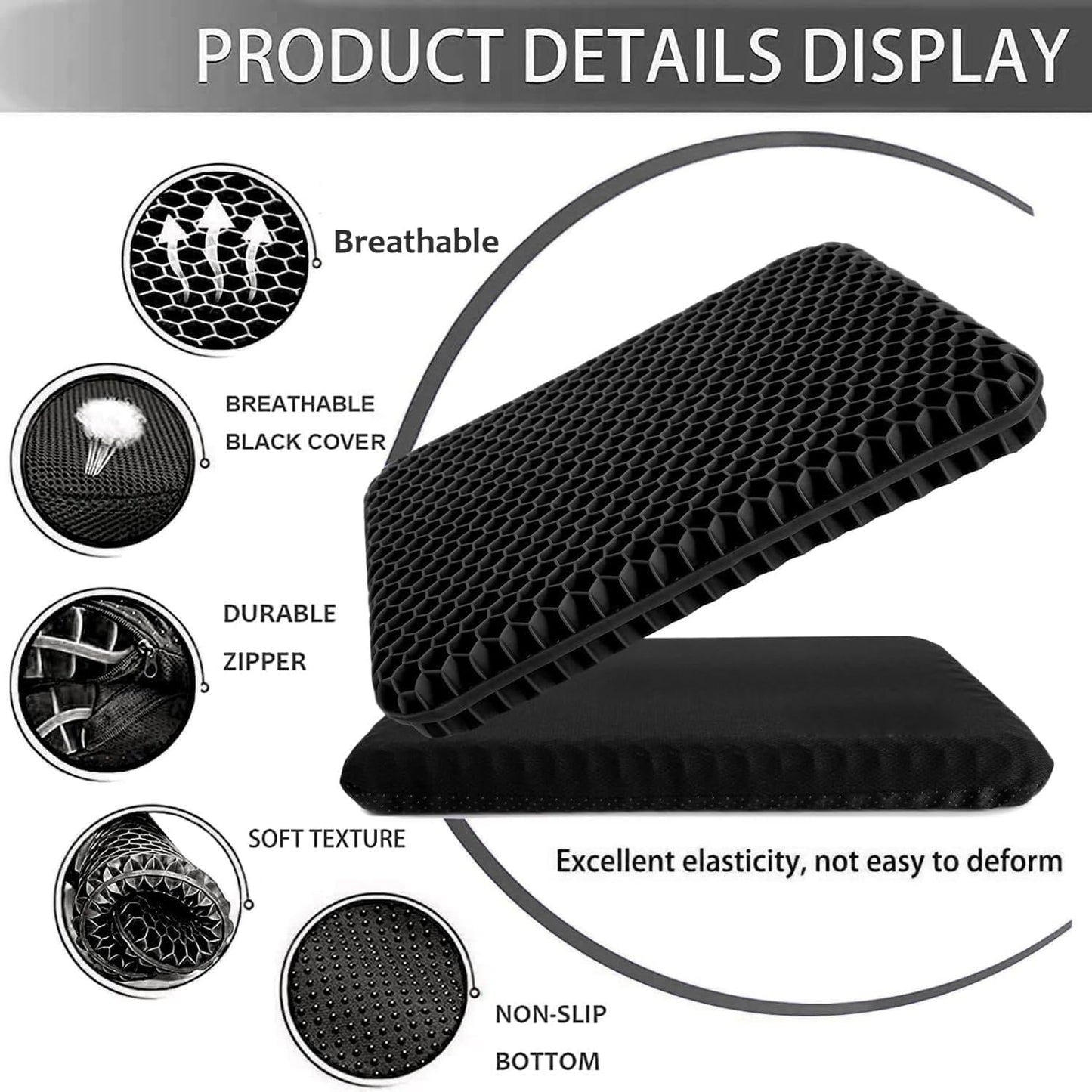 Gel Seat Cushion, Double Thick Breathable Honeycomb Design Absorbs Pressure Points Seat Cushion with Non-Slip Cover Gel Cushion for Office Chair Home Car Seat Cushion for Wheelchair (Black)