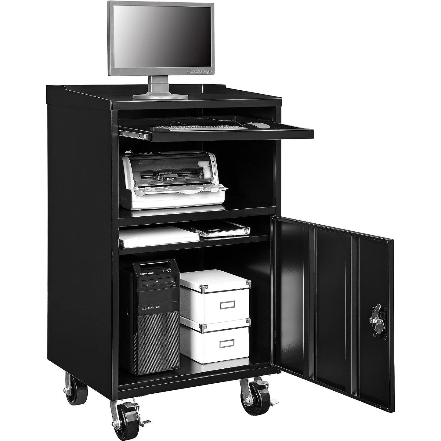 Global Industrial Mobile Computer Cabinet, Black, Unassembled, 27" W x 24" D x 49-1/4"H, Industrial Computer Workstation for CPUs, Printers, & Peripherals