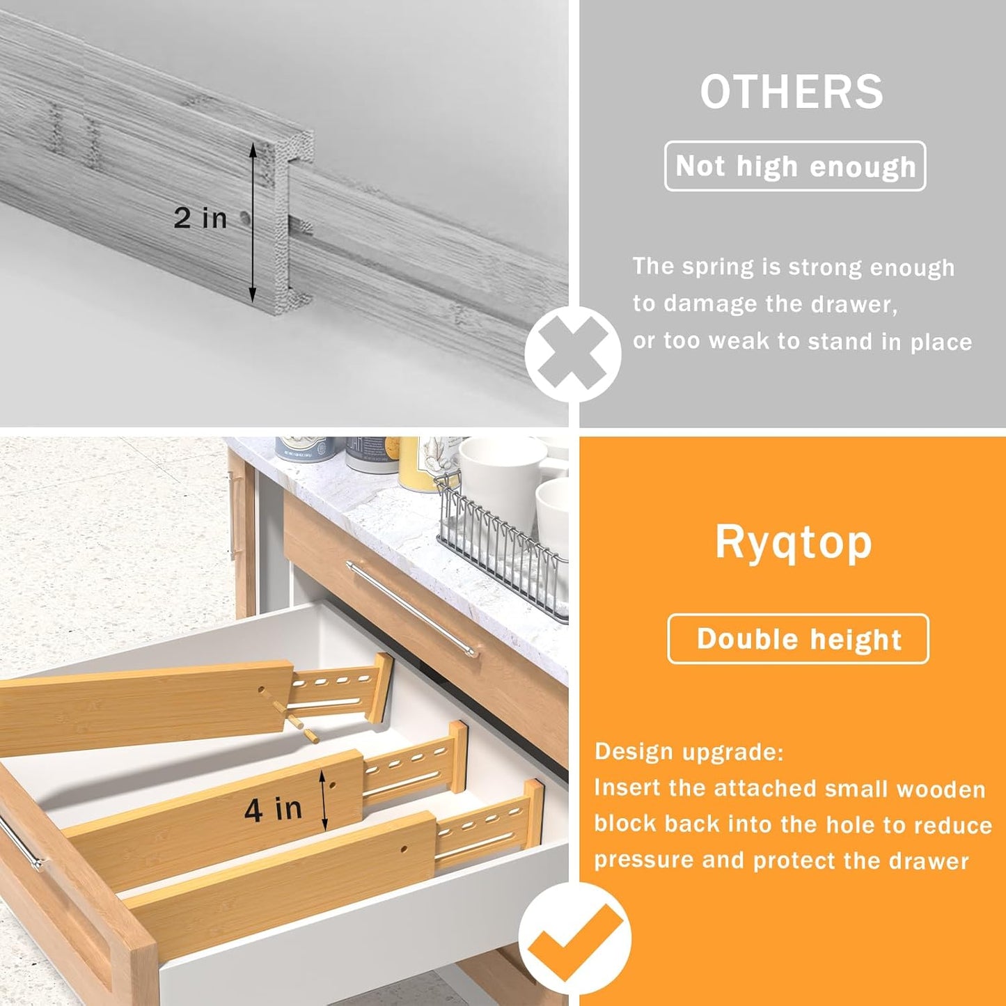 Bamboo Drawer Dividers 4" High, 16.5-22" Adjustable Drawer Organizers for Clothes,Expandable Dresser Separators in Bedroom/Kitchen/Bathroom/Office Organization and Storage,2 Pack