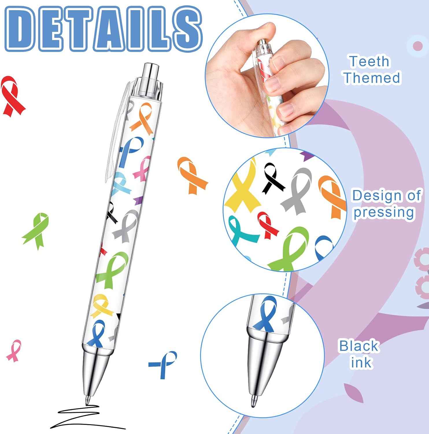 Fulmoon Cancer Awareness Ballpoint Pens Bulk Colorful Ribbon Retractable Gel Pen Black Ink Sarcoma Lung Breast Cancer Awareness Items for Public Events Charity Supplies(100)