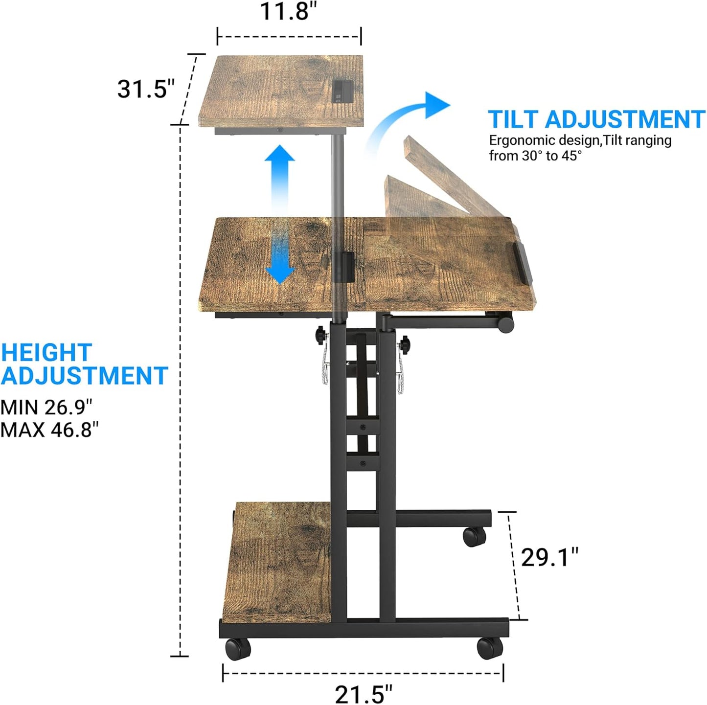 Mobile Standing Desk, Adjustable Rolling Computer Desk with 3 Desktops, Portable Laptop Table with Cup Holder, Home Office Laptop Workstation on Lockable Wheels, Black, Rustic Brown
