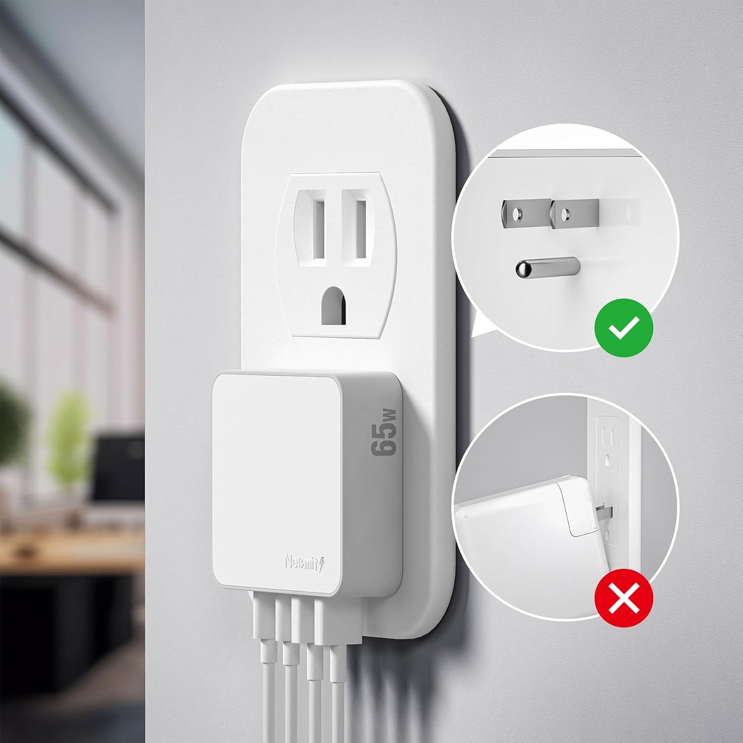 Nekmit Flat USB Wall Charger, 65W GaN Fast Charging USB C Charger Block, Dual USB Ports Wall Plug Power Adapter for iPhone 15 Pro Max/iPad Pro and More, White