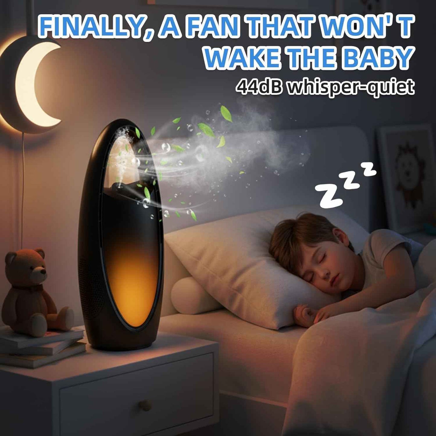 Bladeless Cooling Fan with Nano Cool Mist for Sleep & Hot Days, 13-Inch Rechargeable Quiet Desk Fan for Baby Nursery Bedroom Office Dorm, 9-Speed Oscillation, Night Light, 9H Timer