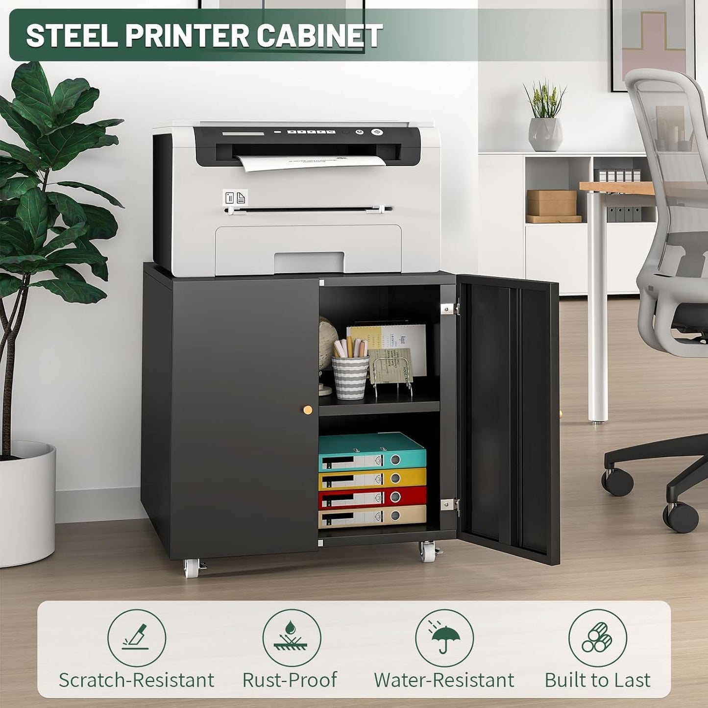 Printer Stand with Storage Cabinet with Wheels,3D Heavy Duty Metal Large Printer Table with Adjustable Shelf for Home Office, Mobile Printer Cart,Black,23.6" H
