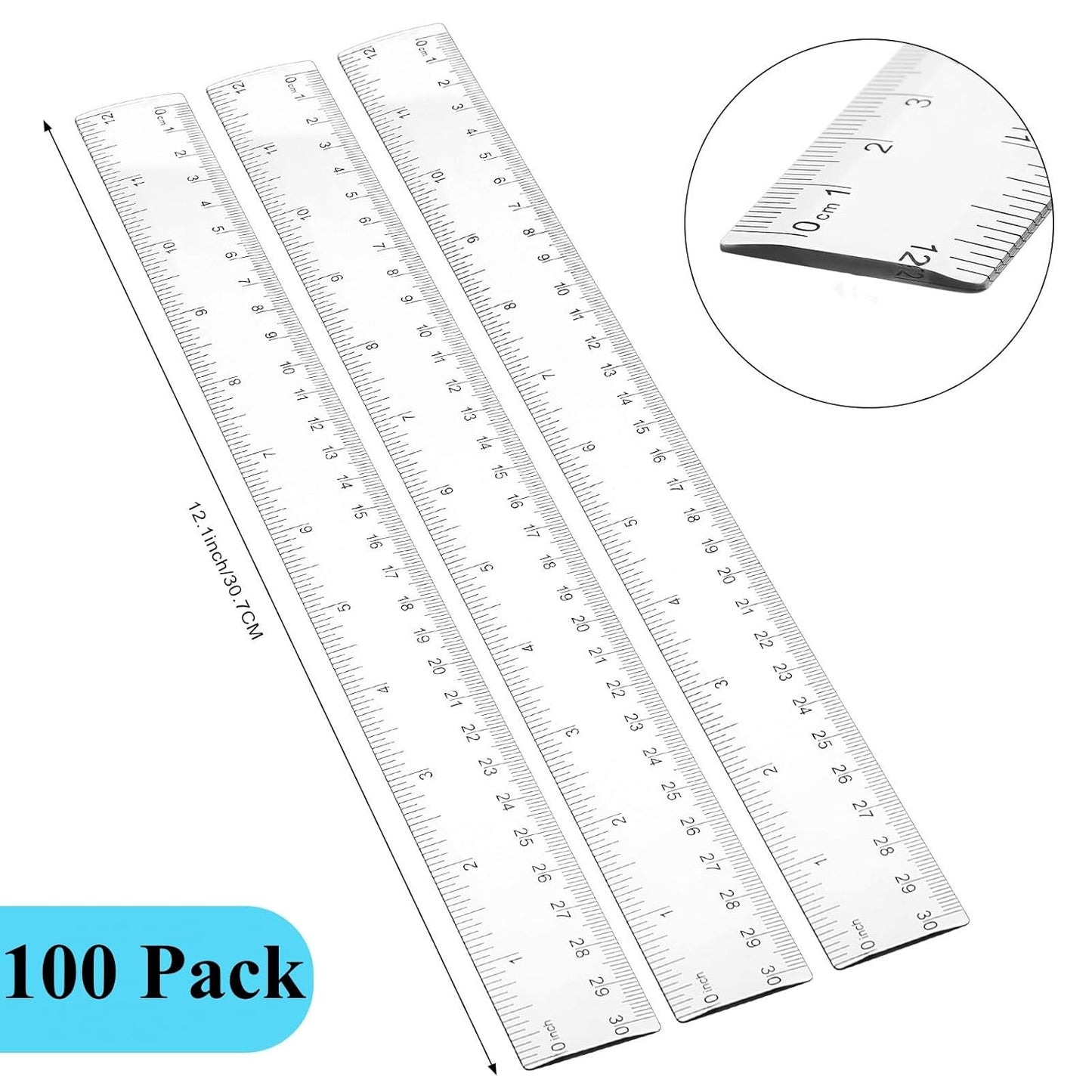 Zonon 100 Pieces 12 Inch Ruler Bulk Clear Plastic Flexible Straight Metric Rulers with Centimeters and Inches Drafting Measuring Tool for Classroom School Students Education