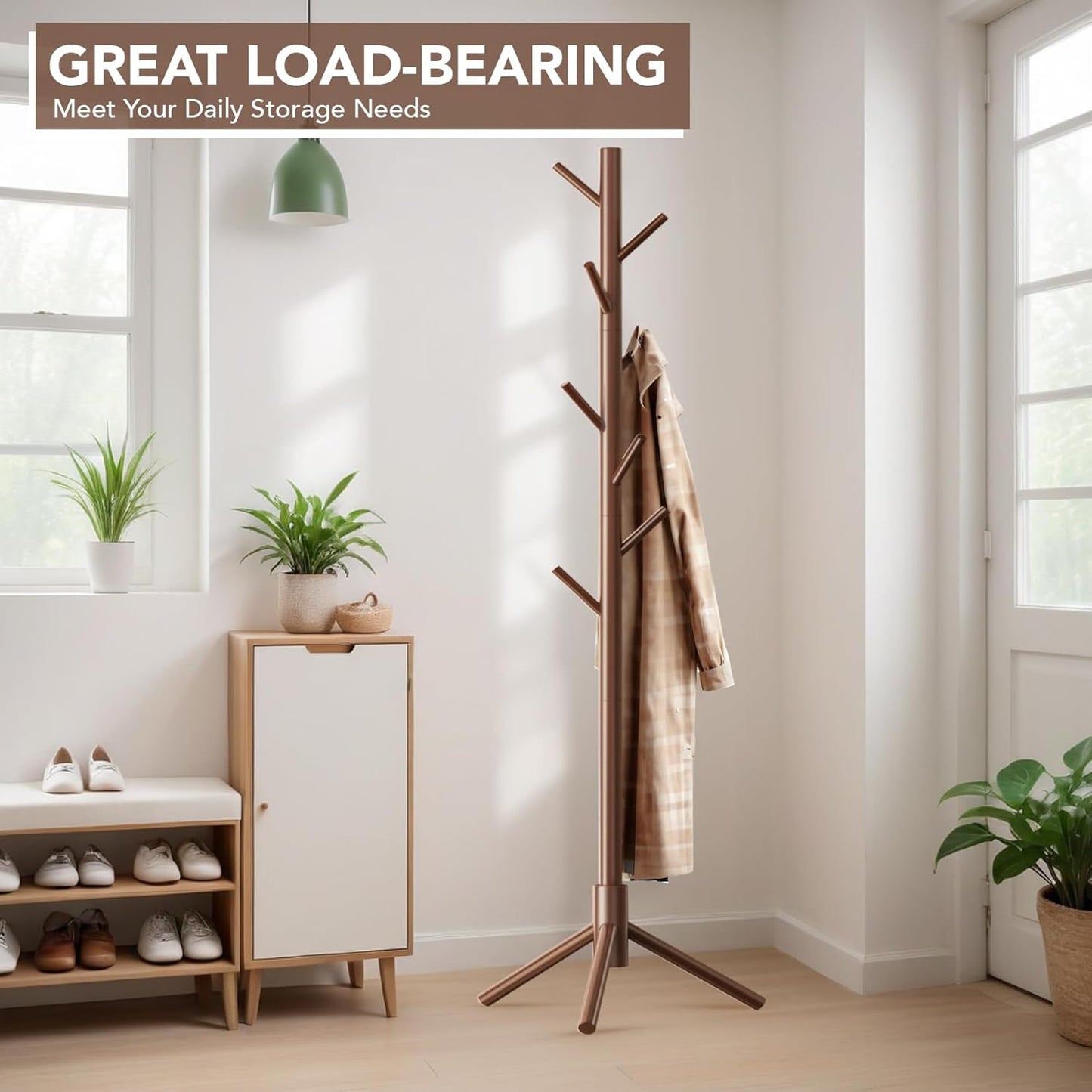 Wooden Tree Coat Rack Stand,Sturdy Freestanding Coat Rack with 8 Hooks,3 Adjustable Height for Child Adult,Wood Coat Stand Tree Fits Entryway Bedroom Office for Bags,Hats - Lumora Desk