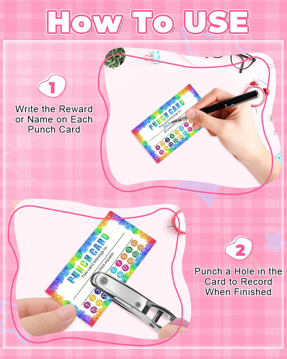 UCEC 200 Pieces Punch Cards with Star + Circle Hole Punchers, Incentive Loyalty Reward Punch Card for Classroom with Handheld Single Punches Kit to Behavior for Business School Kids Students Teachers