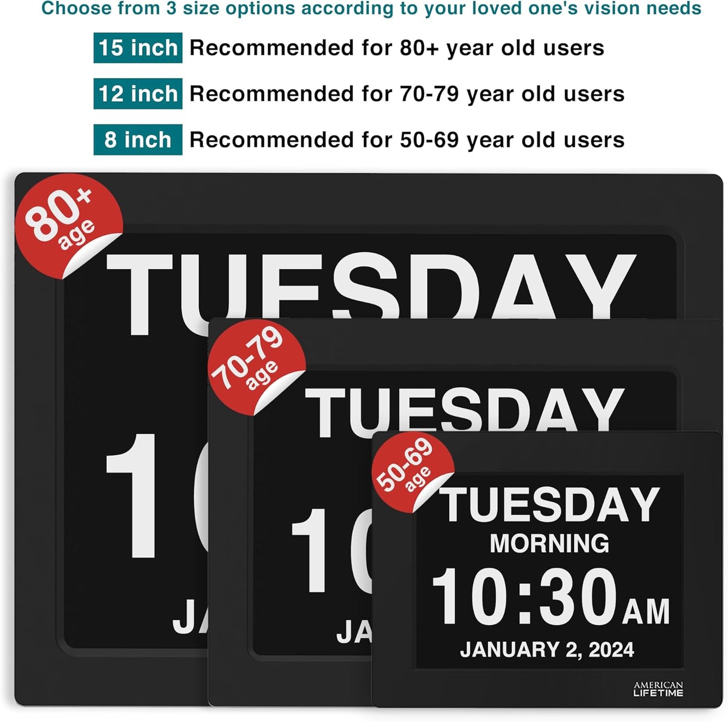 American Lifetime Large Digital Wall Clock for Seniors, Black Polished, 8-Inch High Resolution Display, Easy to Read, Customizable Alarms, Auto-Dimming, Multi-Language Support, Battery Backup