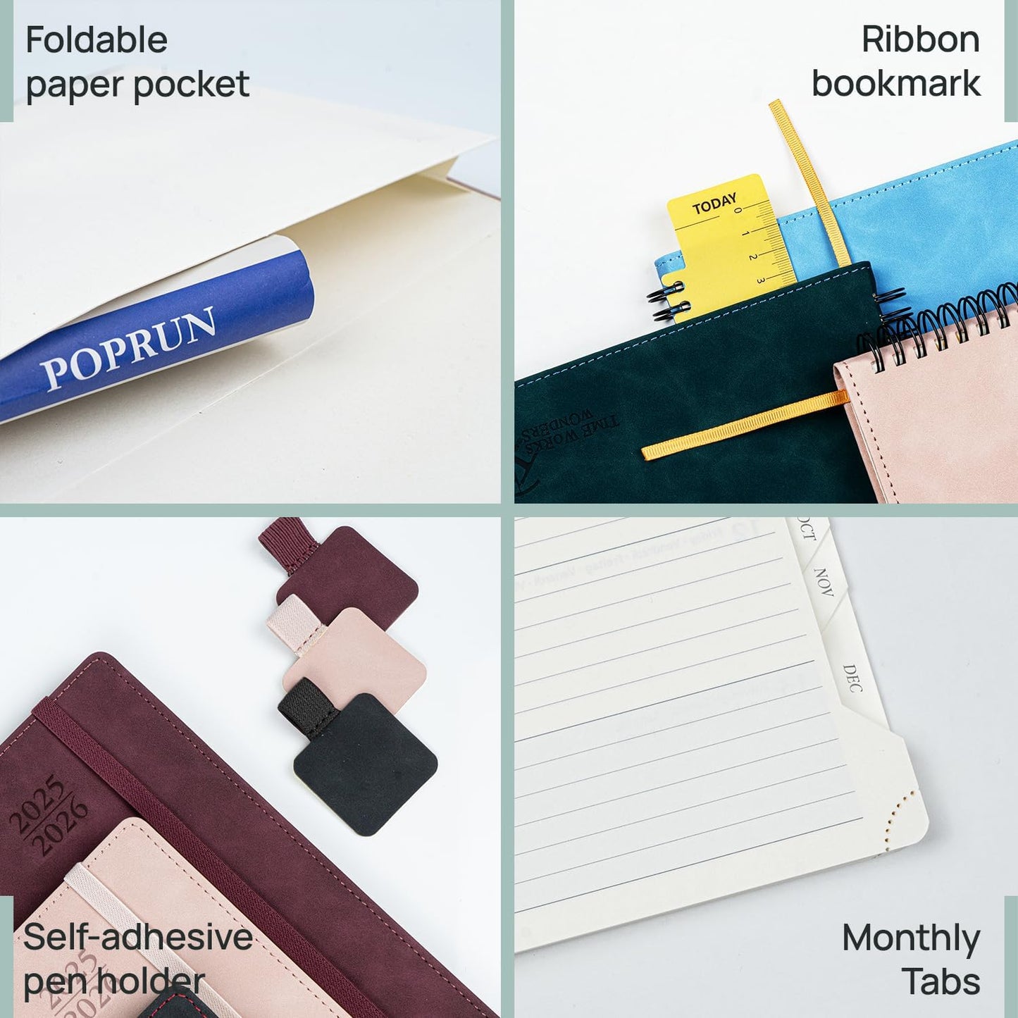 POPRUN Planner 2025-2026 Weekly Notebook (Medium 6.5''x 8.5'') Academic Calendar (JUL.25 - JUN.26) Appointment Book with Monthly Tabs, Leather Soft Cover, Inner Pocket, 100 GSM - Black