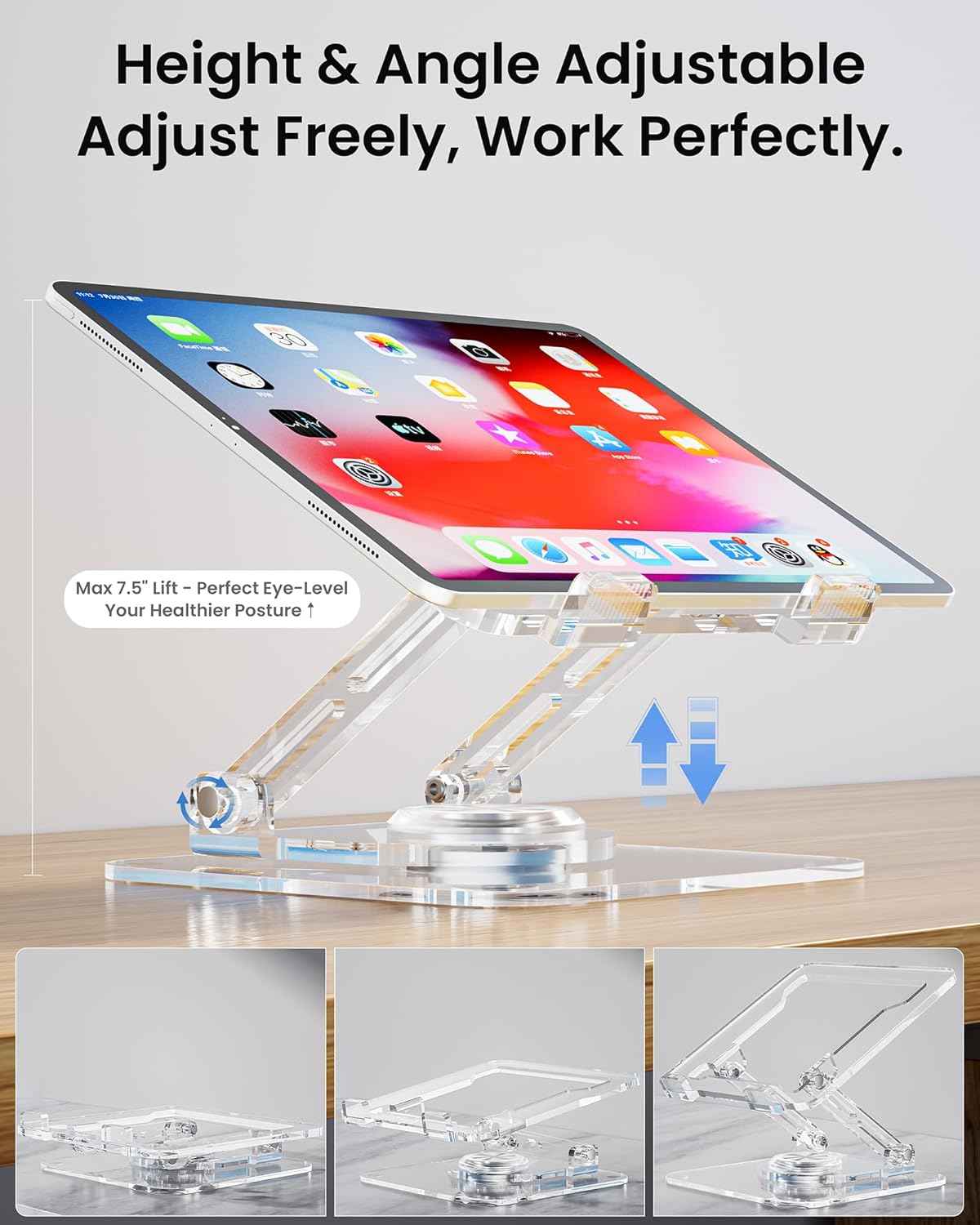 Laptop Stand for Desk - Adjustable, Foldable Clear Acrylic Riser with 360° Rotating Base, Ergonomic Laptop Holder for MacBook Pro/Air & 10-16” Notebooks