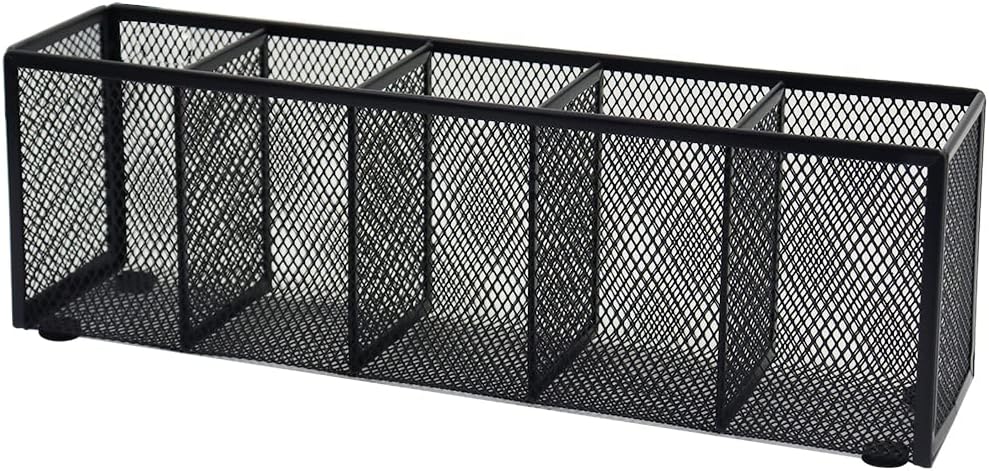 Black Mesh Pen Pencil Holder, Small Metal Desk Organizer Desktop Stationery Office Supplies Acessories Storage Stand, 5 Compartments Brushes Holder for Home School Classroom Teachers