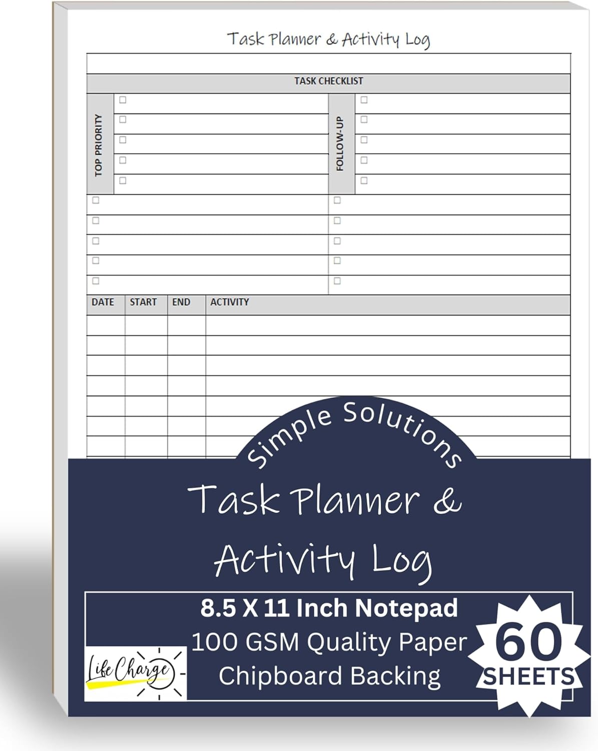 Task Planner & Activity Log Notepad – 60 Page Undated Daily & Hourly Planning Pad, To-Do List, Checklist, Track Time & Tasks, ADHD Tracker – Organize Workday, Boost Productivity – 8.5 x 11 Tear Sheets
