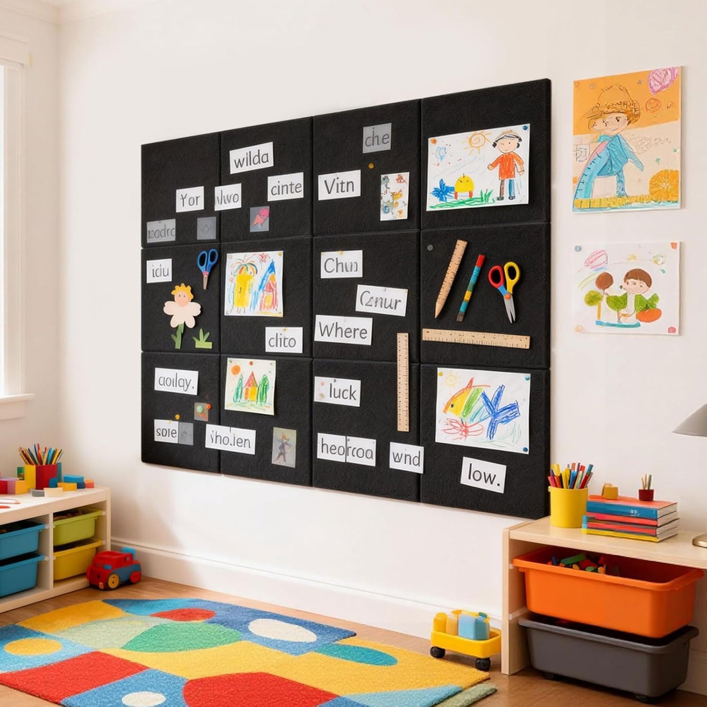 Large Cork Board Alternative 48" x 36", 12 Pack Felt Bulletin Board with 72 Safe Removable Adhesive Tabs, Black Felt Board Pin Boards for Walls Office Home Decor