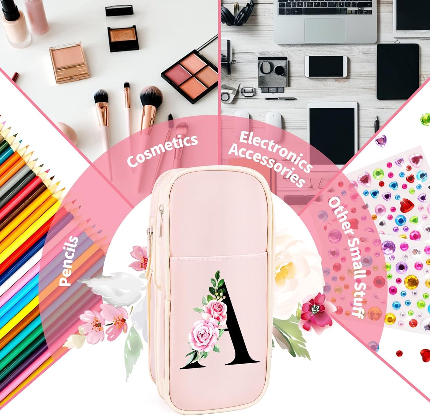 Preppy Pencil Case for Girls, Cute Large Pencil Pouch, Personalized Initial Pencil Bag with Zipper for School College Office Supplies, Back to School Supplies Gifts for Teen Girls (H, Pink)