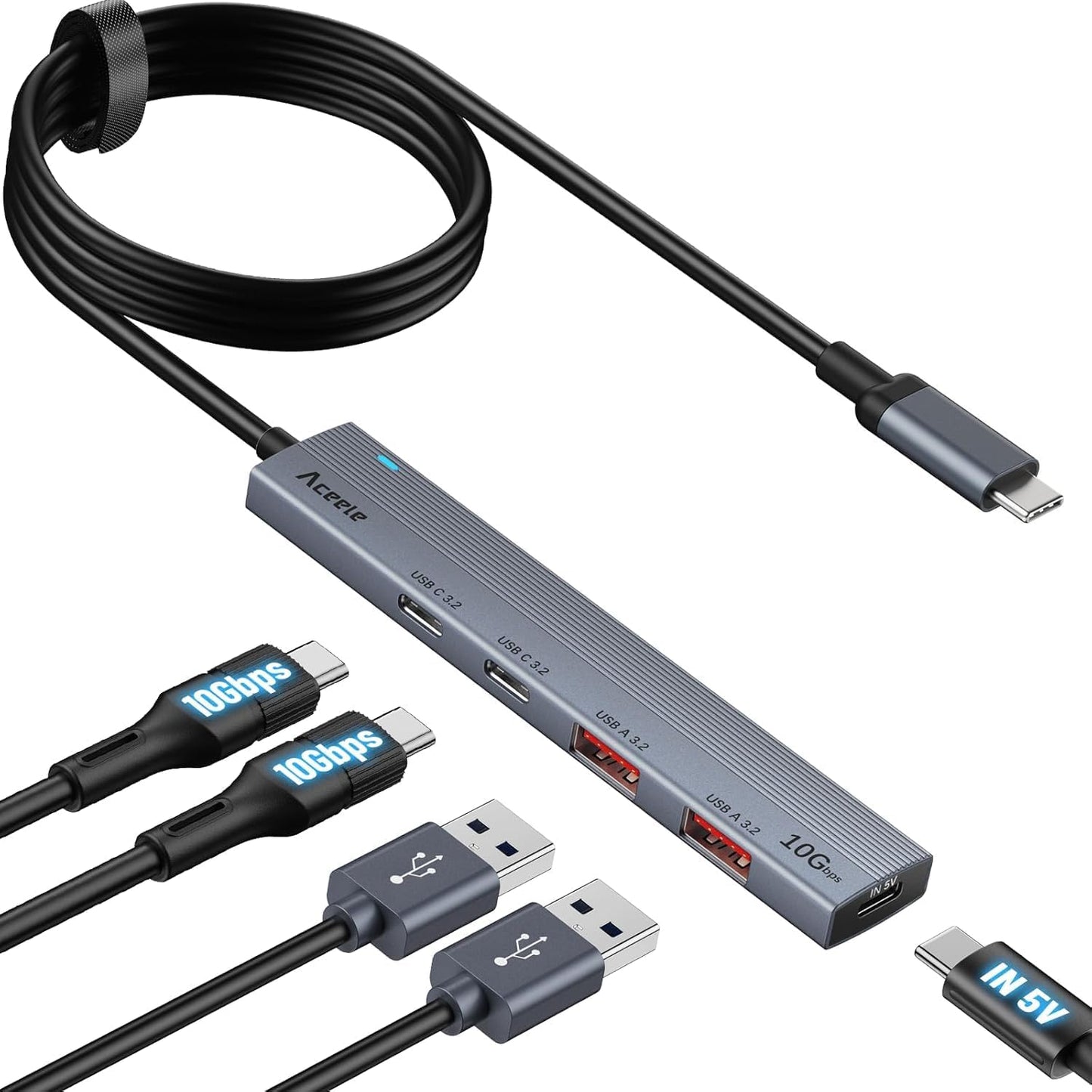 Aceele 10Gbps USB C Hub with 4 USB 3.2 Ports (2 USB A & 2 USB C), USB 3.2 Gen 2 3.3ft USB Cable Extender Hub with Type-C Power Port,Compatible for MacBook Pro 2021, iPad Pro 2021 and Other PC