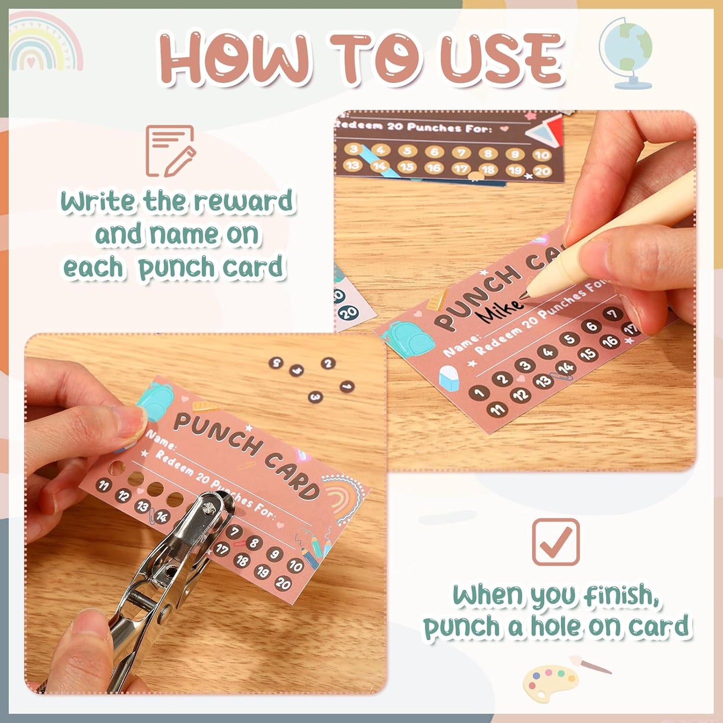 Fumete 400 Pcs Punch Cards for Classroom Reward Cards Behavior Incentive Loyalty Awards for Kids Students Teachers School Business, 8 Styles, 3.5 x 2 in(20 Morandi Punches Style)