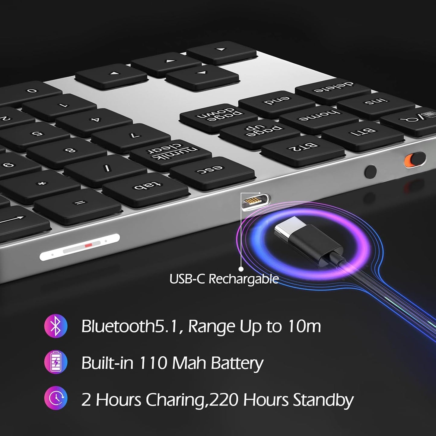 Foloda Bluetooth Number Keypad, Wireless 10 Keys Number Pad for Laptop, 34 Keys Rechargeable Numeric Numpad Key Pad Extensions Keyboard for Chromebook Notebook MacBook