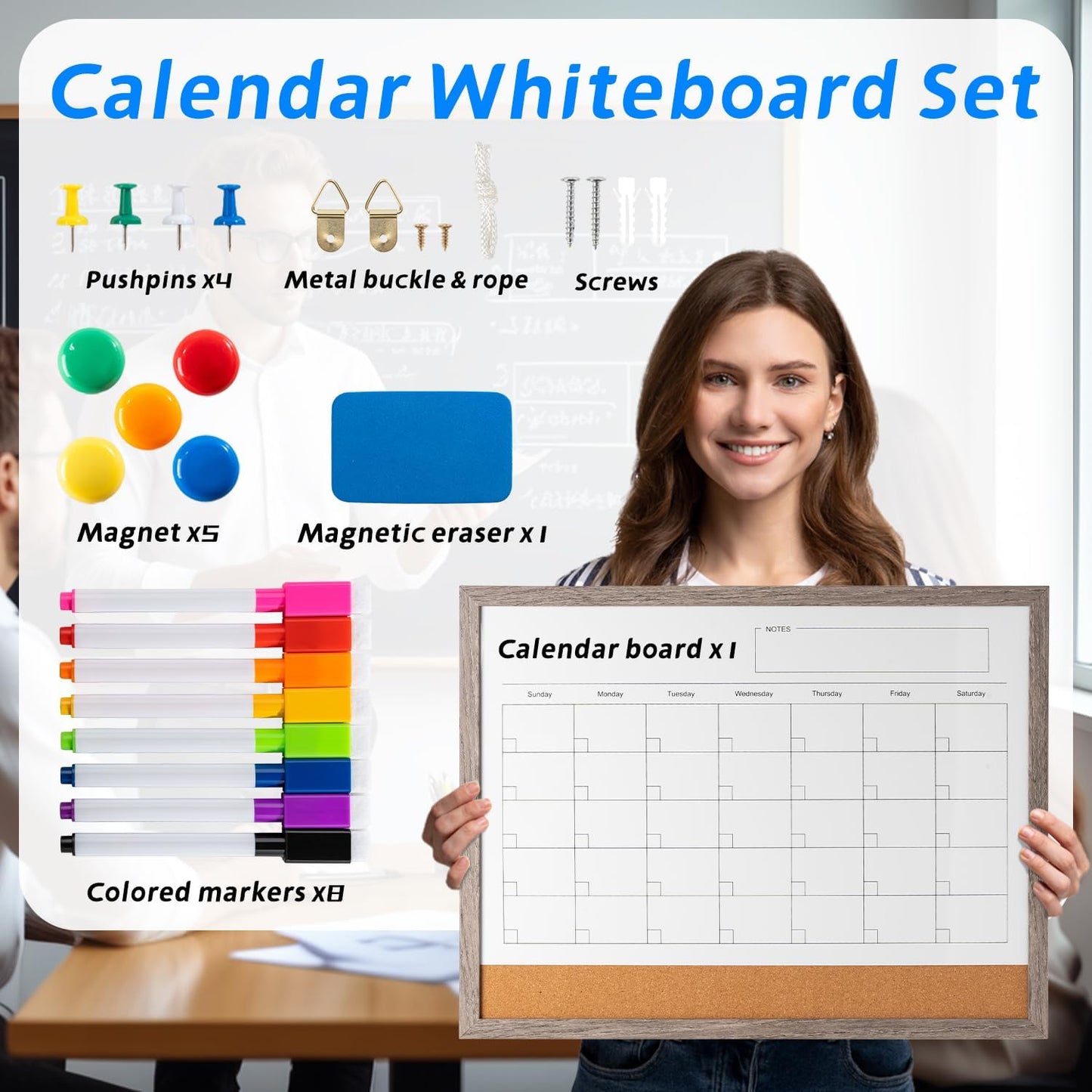 Dry Erase Calendar Whiteboard, 17" x 13" Magnetic Whiteboard Cork Board Combo, Reusable Monthly Planner with 8 Markers, Eraser, Magnets and Push Pins to Hang Dry Erase Board for Home, School - Gray - Lumora Desk