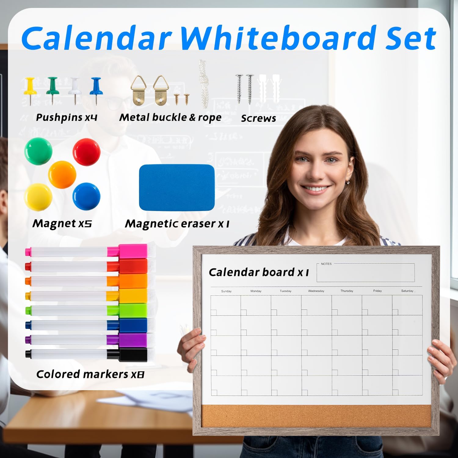 Dry Erase Calendar Whiteboard, 17" x 13" Magnetic Whiteboard Cork Board Combo, Reusable Monthly Planner with 8 Markers, Eraser, Magnets and Push Pins to Hang Dry Erase Board for Home, School - Gray - Lumora Desk