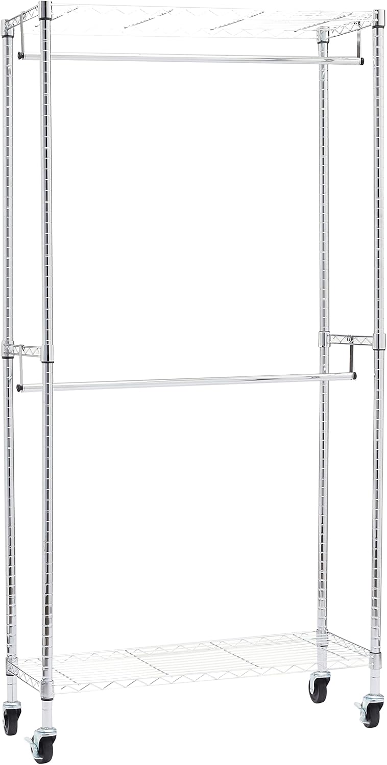 Amazon Basics Adjustable Clothes Rack for Handing, Double Hanging Rod Garment Rolling Closet Clothing Organizer, Chrome, 36'' x 14'' x 72'' - Lumora Desk