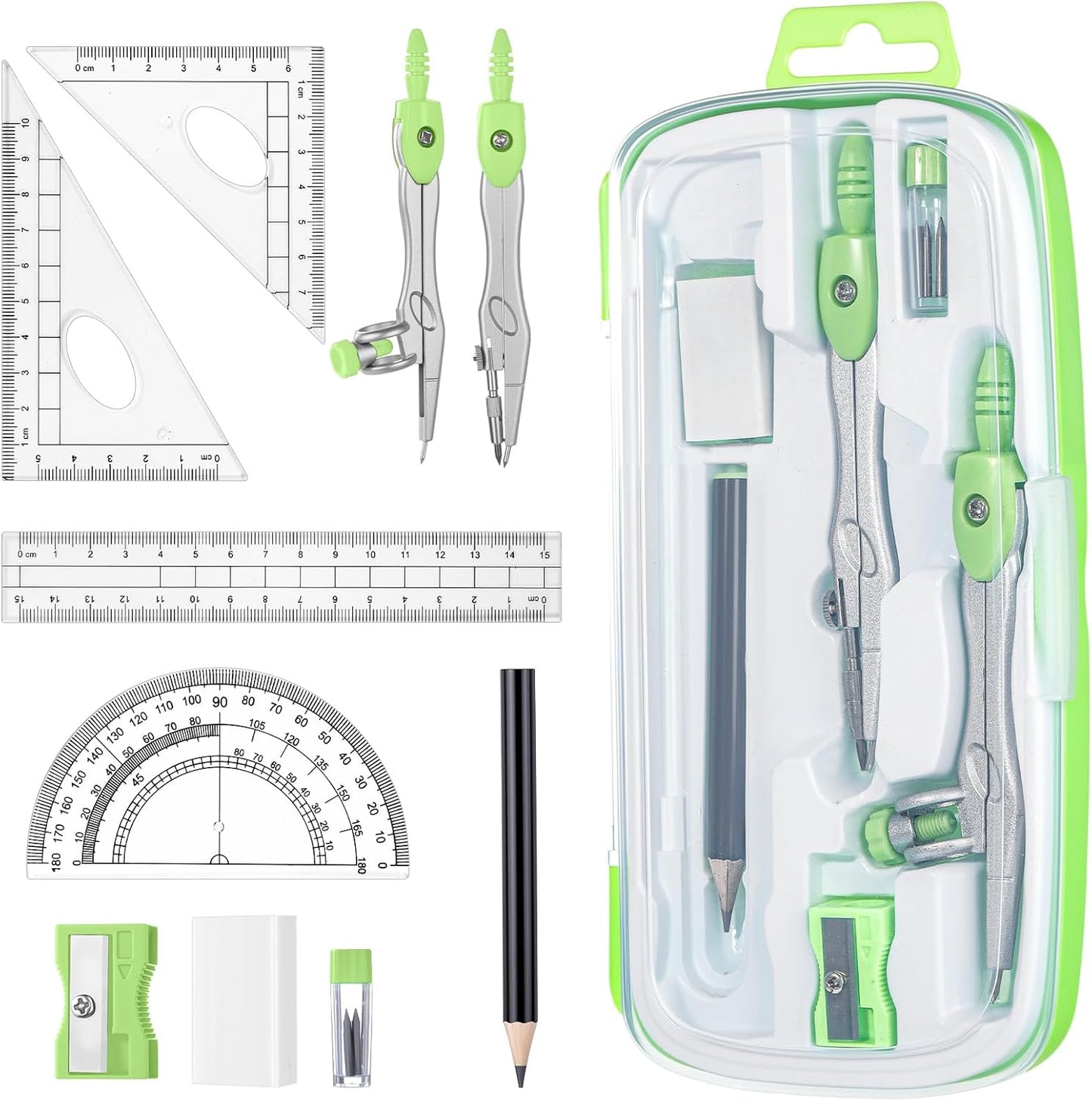 Zonon Math Geometry Set 10 Pcs Student Supplies with Shatterproof Storage Box, Includes Rulers Protractor Compass Pencil Sharpener Lead Refills Eraser Pencil for Drafting and Drawings(Green)
