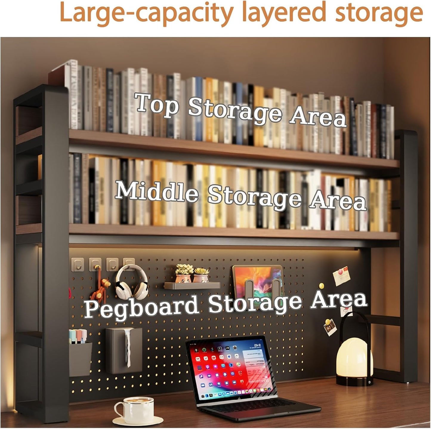 Desk Shelf Organizer for Top of Desk – Desktop Bookshelf with Pegboard & Storage Accessories, Adjustable Hutch for Dorm or Office, Steel Frame Display S Black frame + dark brown board 29.5*9.8*36.6in