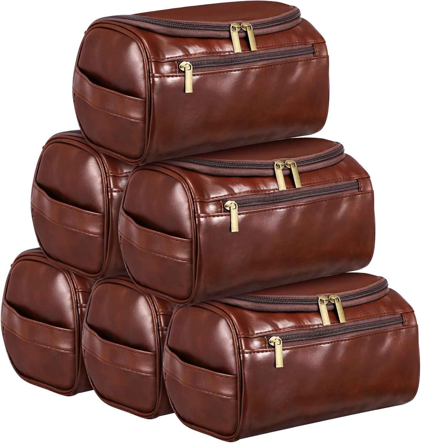 6 Pcs Groomsmen Gift Leather Toiletry Bag for Men Travel Shaving Kit Bathroom Bag Make up Cosmetic Proposal Supplies for Wedding Favor Grooming Anniversary Boyfriend Father, Brown