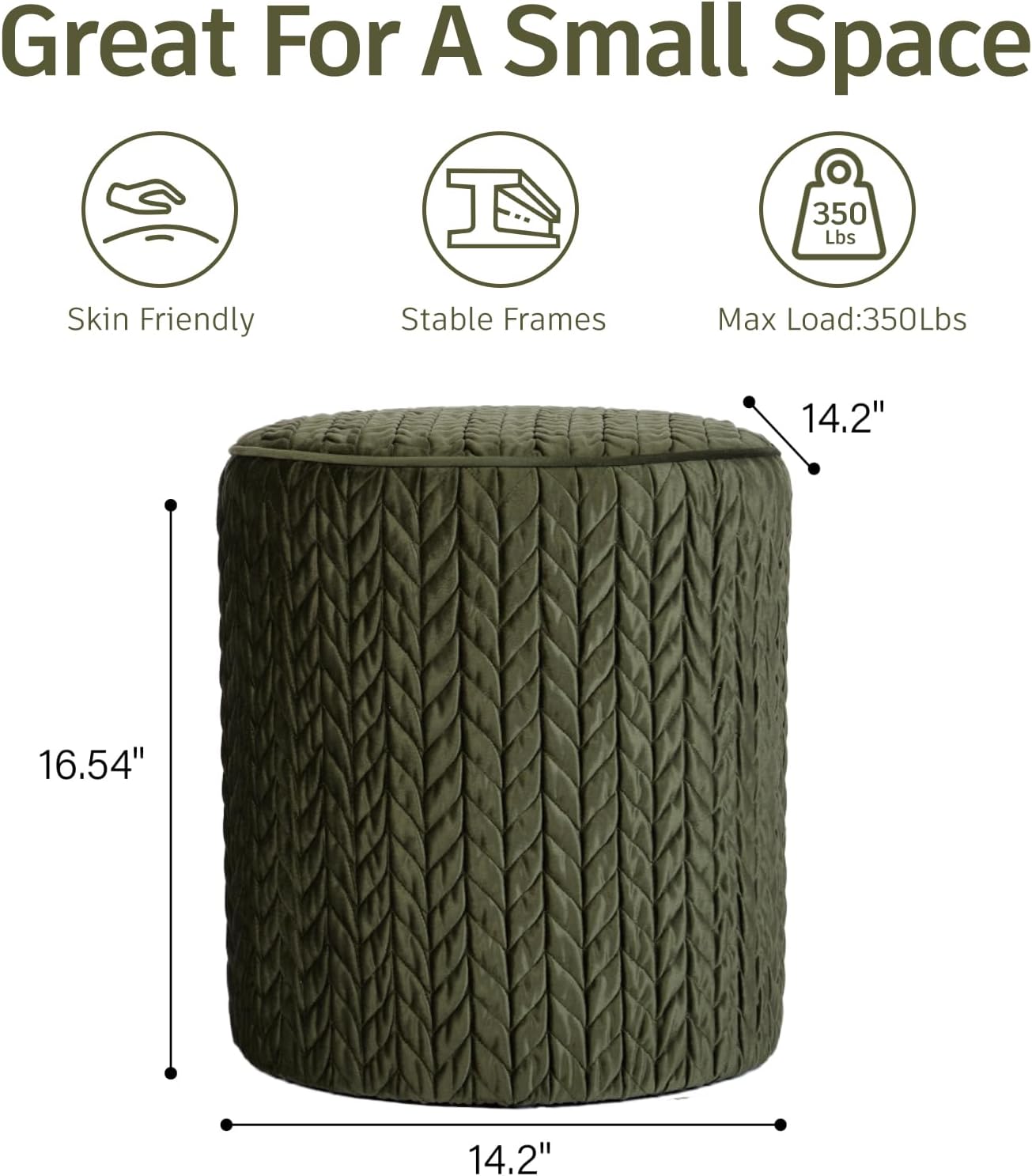 Modern Round Ottoman, Braided-Tufted Foot Stool Ottoman, Velvet Upholstered Vanity Stool for Makeup, Bedroom, Living Room, Dark Green