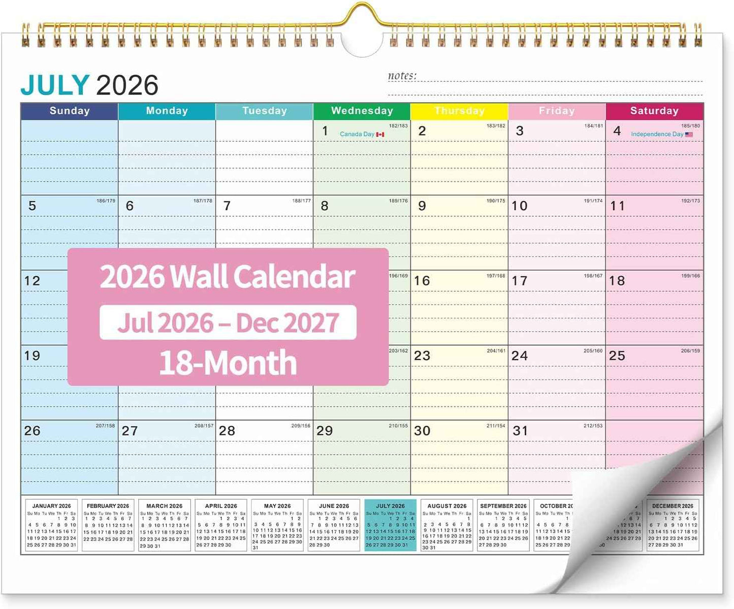 Wall Calendar 2026-2027, 18 Months Academic Calendar, July. 2026 - Dec 2027, 14'' × 11'', Monthly Wall Hanging Calendar with Thick Paper for Office Home (Colorful)