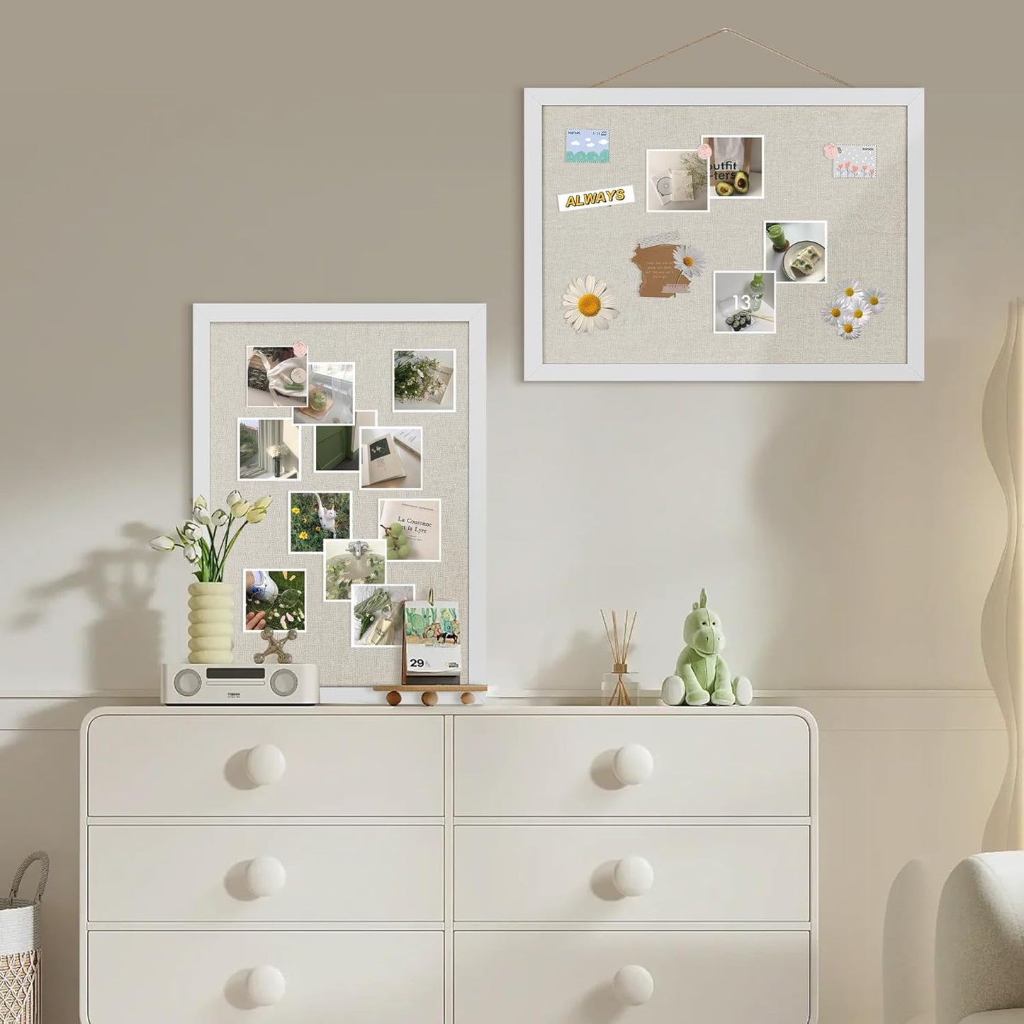 Cork Board Bulletin Board 16.7" x 11", 2-Pack Small Linen Corkboards with Frame for Walls, Cute Picture Display Pin Board Vision Board for Room School Office Bedroom 25 Pushpins Vintage White - Lumora Desk